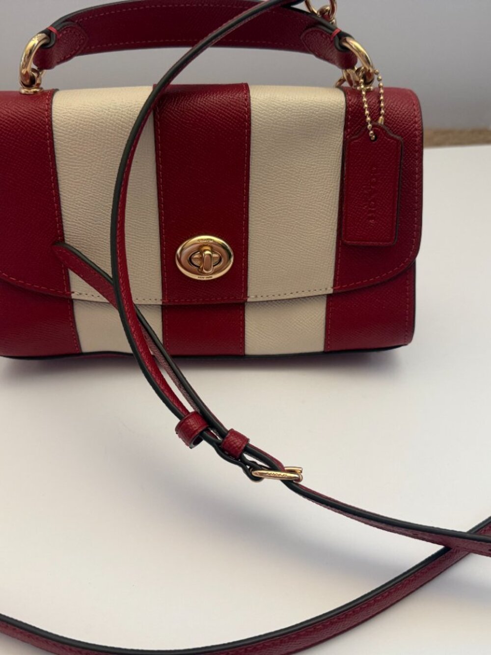 Coach Tilly Satchel 23 in Red/Chalk Striped Crossgrain - Picture 3 of 9